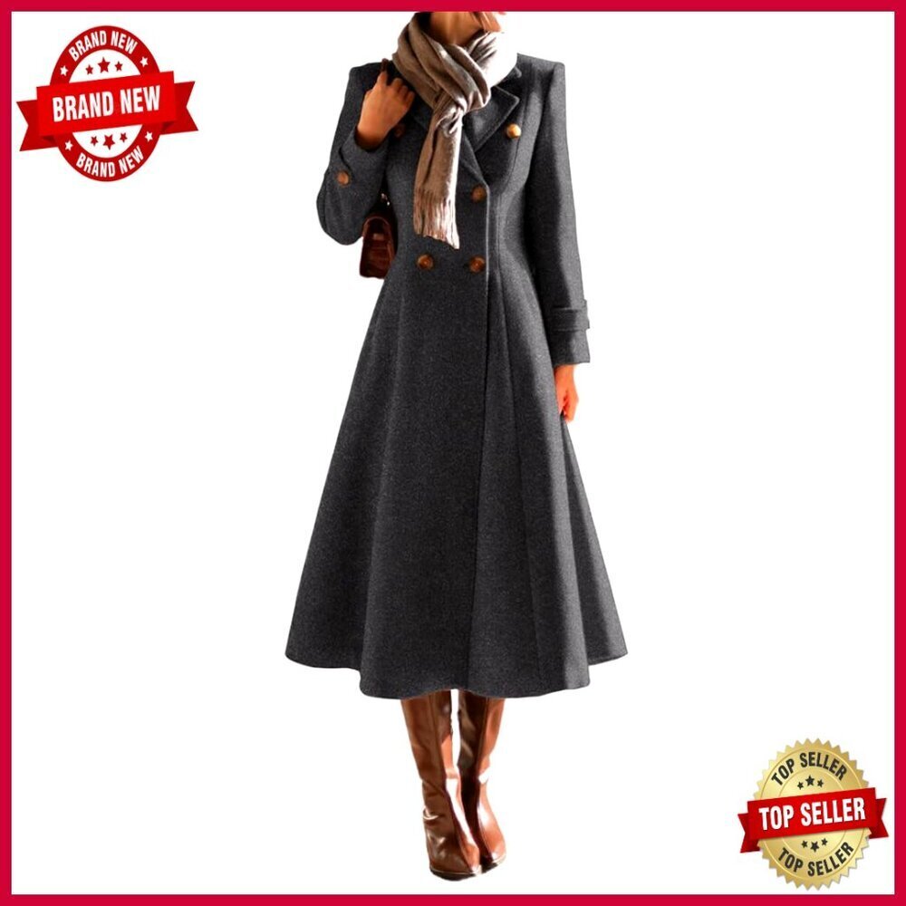 Long Wool Pea Coat Double Breasted Trench Blazer Jacket with Pockets